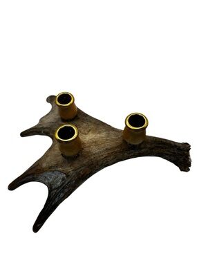 Genuine Deer Antler Candle Holder 3 Cup Rustic Cabin Decor Handmade Signed 12”